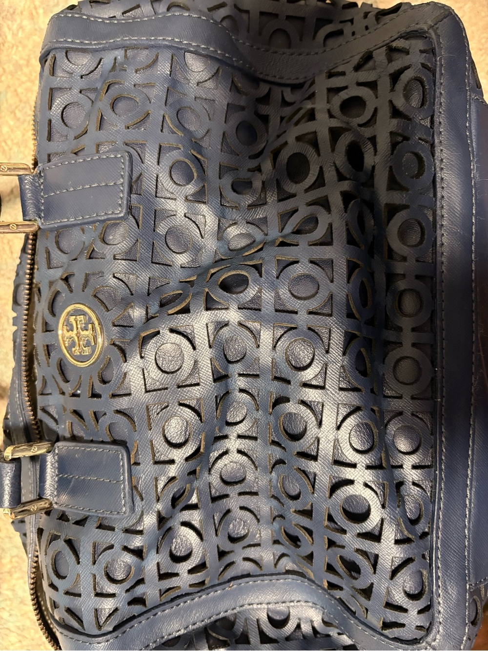 Tory Burch Navy Perforated Logo Satchel with Gold Hardware (REHAB) - Picture 2 of 9